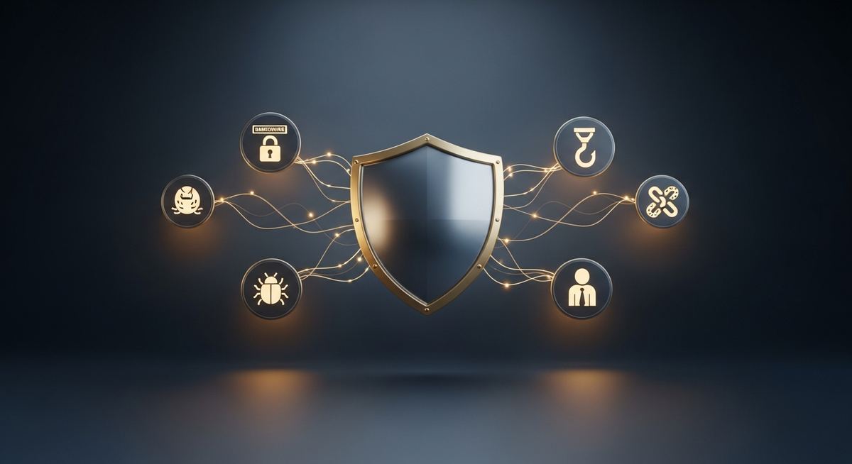Cybersecurity threat landscape 2026 dashboard highlighting AI-augmented phishing, ransomware, supply chain attacks, credential stuffing, and insider threats targeting SMB and mid-market organizations