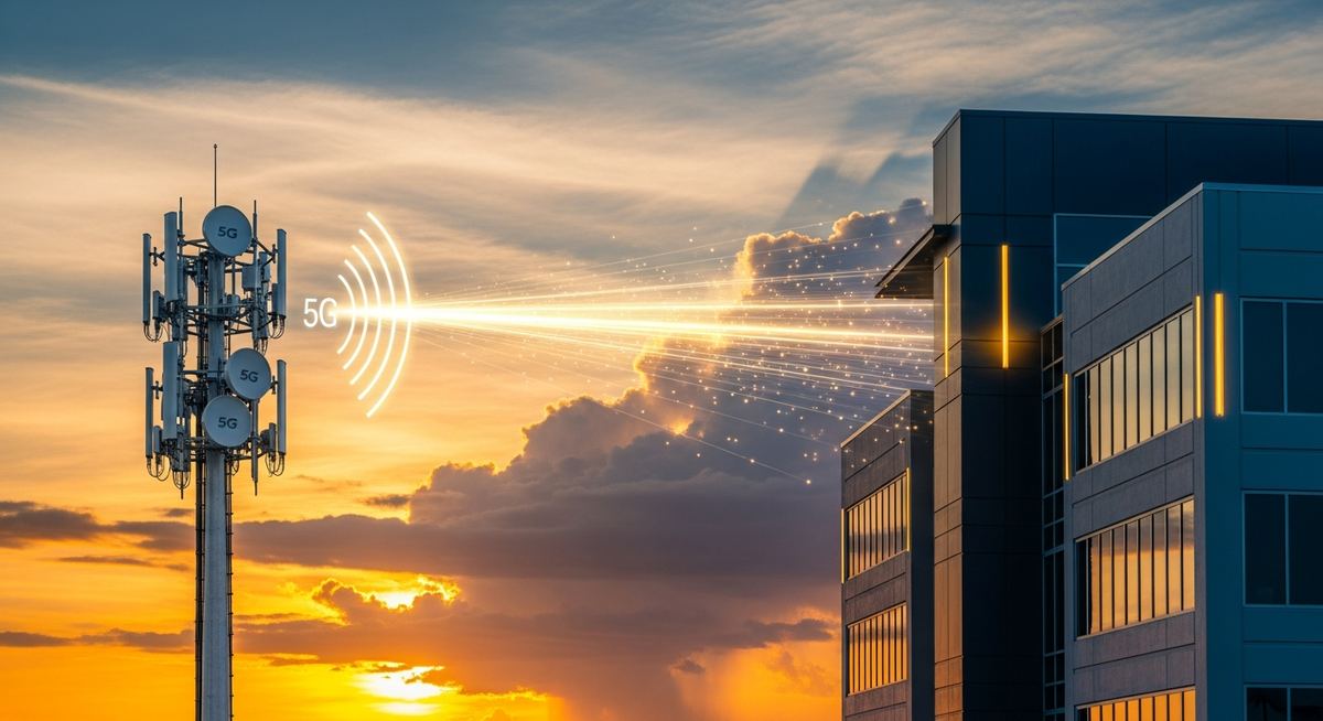 Business location with 5G Fixed Wireless Access antenna installed for primary or backup connectivity, illustrating cellular-based broadband alternative to fiber