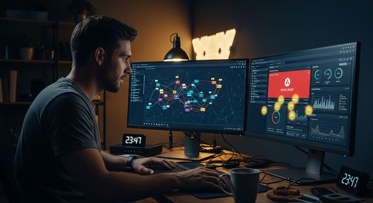 IT engineer responding to an after-hours network emergency in a dark professional operations environment