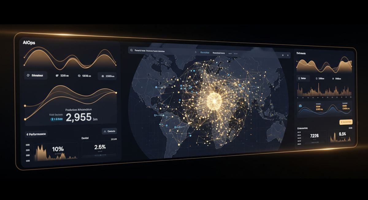AIOps platform dashboard showing AI-driven network anomaly detection with predicted issues, correlated incidents, and automated remediation recommendations across a business network
