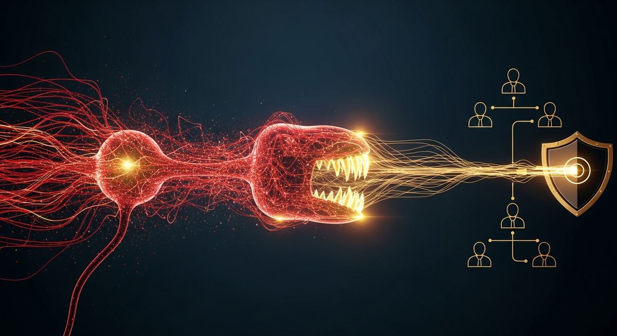 Cybersecurity analyst reviewing AI-augmented attack indicators showing generative phishing email, voice cloning sample, and rapid exploit code generation across attack categories