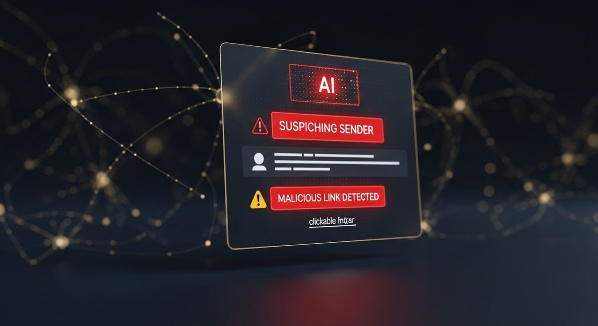 Dark illustration of AI-generated phishing email interface with warning indicators and cybersecurity overlay