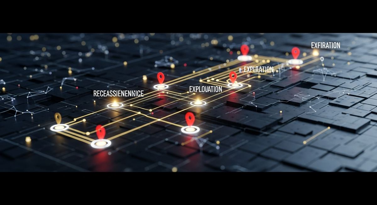 Cyberattack stages diagram showing reconnaissance, initial access, persistence, privilege escalation, lateral movement, data exfiltration, and impact with corresponding defensive controls