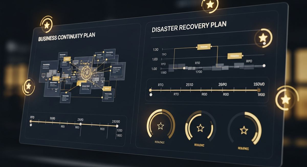 Business continuity planning workshop with team mapping critical processes, recovery time objectives, alternate workflows, and disaster recovery technical capabilities