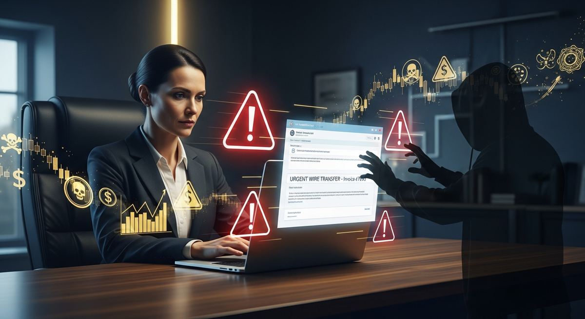 Finance team member reviewing suspicious wire transfer request through verification process to prevent business email compromise fraud with out-of-band confirmation step