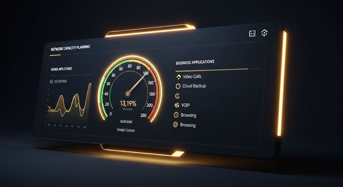 IT administrator analyzing bandwidth utilization dashboard showing application breakdown across voice, video, SaaS, and file transfer traffic on business network
