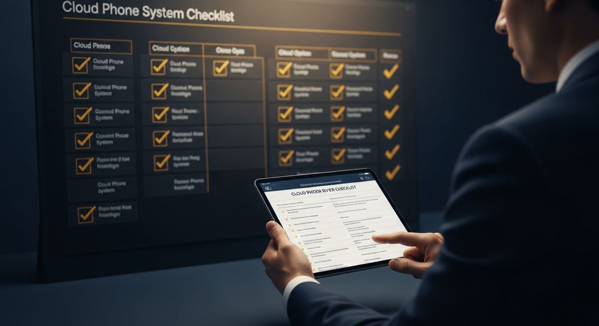 Small business owner reviewing cloud phone vendor comparison spreadsheet with feature requirements, pricing tiers, and integration capabilities for buying decision