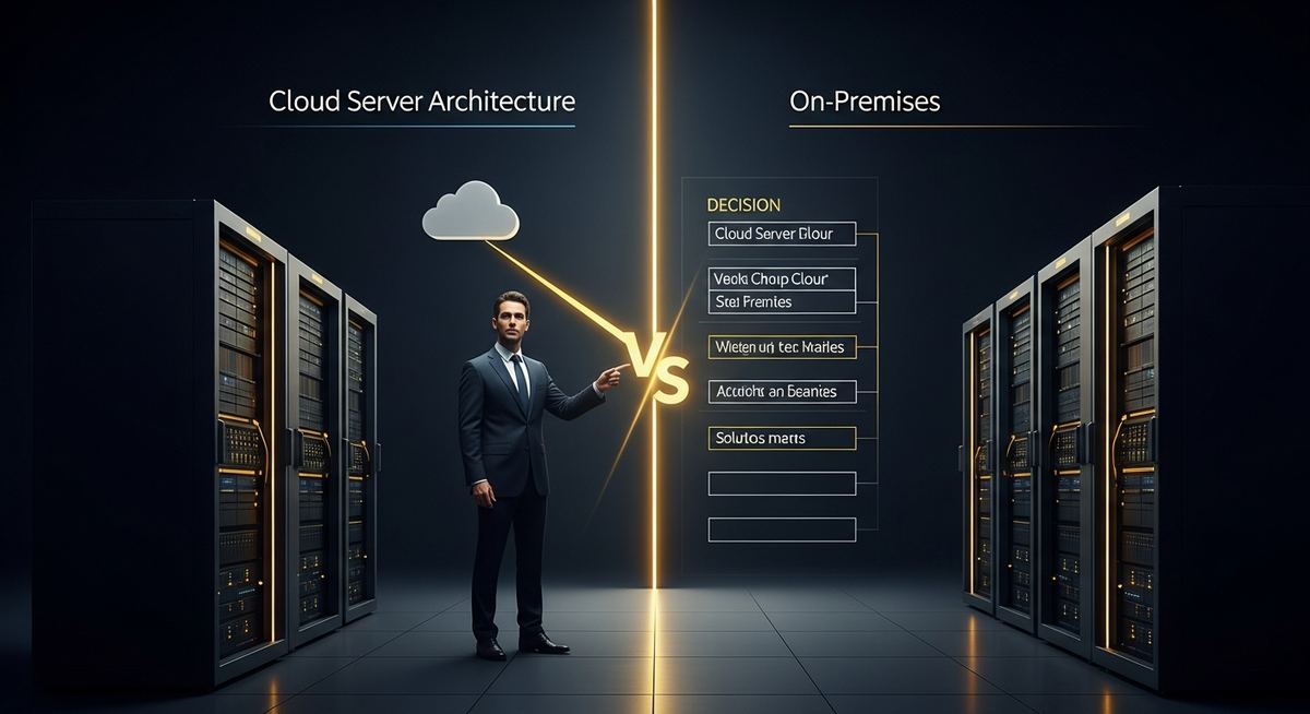 Side-by-side architecture diagram comparing cloud-hosted business workloads with on-premises server infrastructure, illustrating workload placement decisions for hybrid IT environments