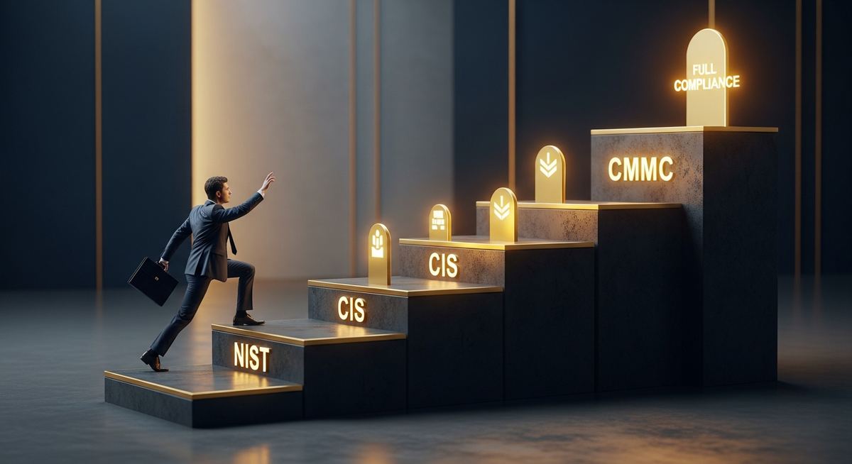 Cybersecurity frameworks comparison chart showing NIST CSF as foundation, CIS Controls as prioritized actionable guidance, and CMMC certification requirements for defense contractors