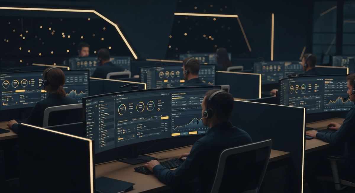 Mid-market contact center workspace showing agents handling omnichannel customer interactions across voice, chat, and email with real-time dashboards and supervisor monitoring