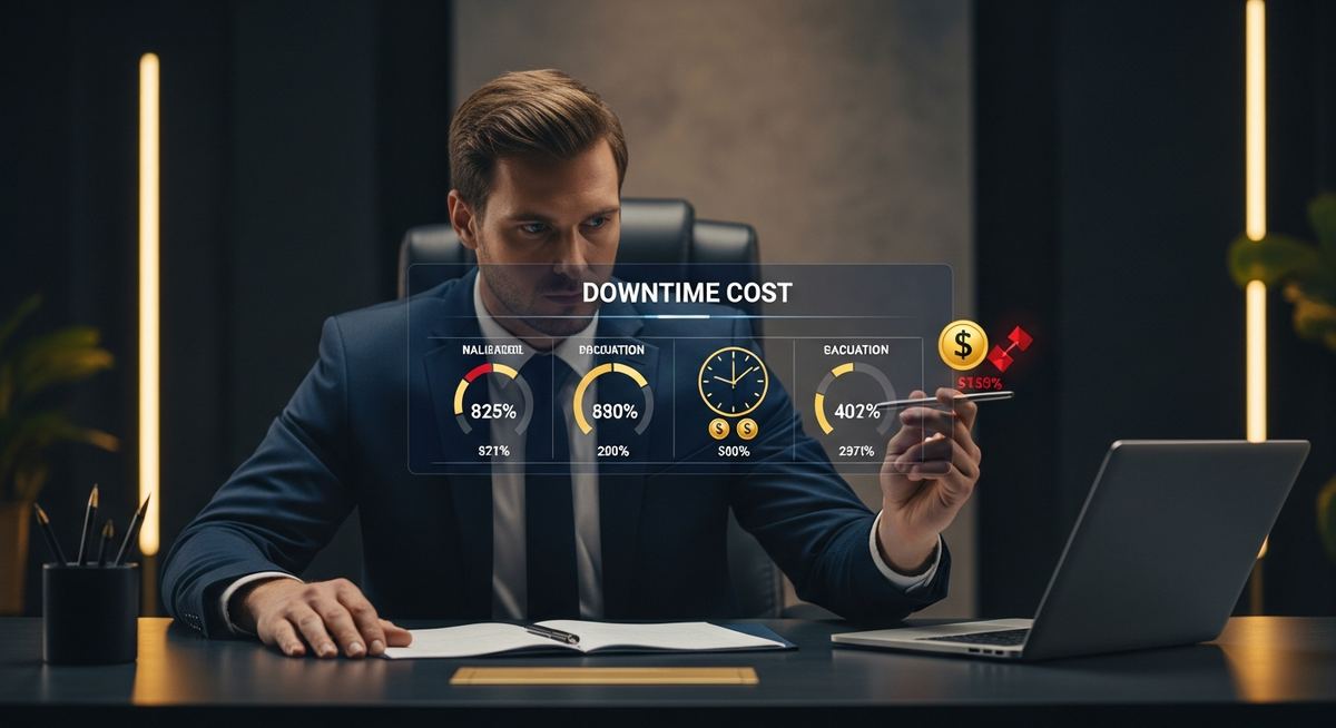 Business analyst calculating the true financial impact of IT downtime on a professional dashboard