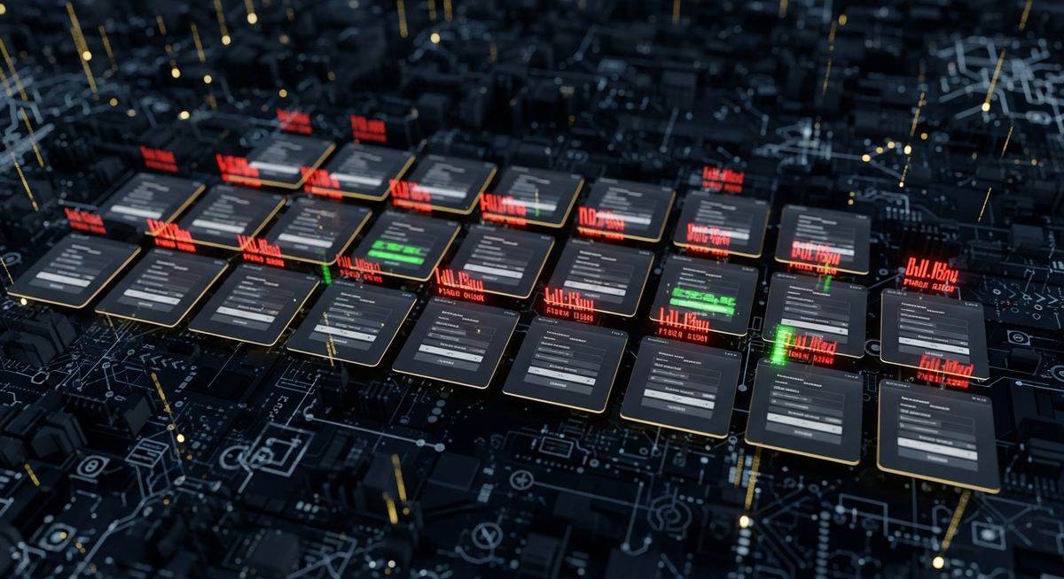 Credential stuffing attack visualization showing attacker testing leaked password database against business login portals through proxy infrastructure to find reused passwords