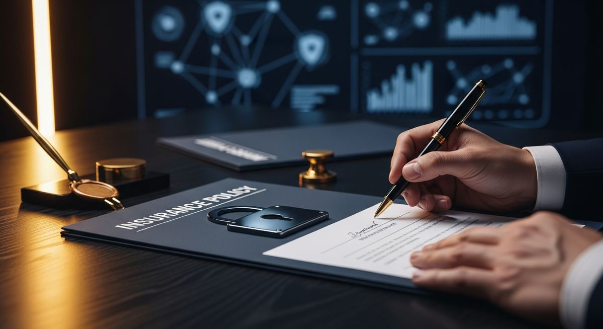Business owner reviewing cyber insurance application checklist with required security controls including MFA, EDR, backups, training, and incident response documentation