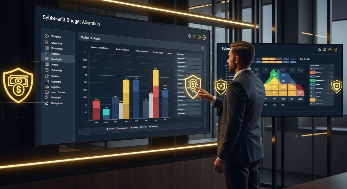 Small business owner building cybersecurity budget framework with categories for compliance controls, risk-based investments, insurance optimization, and operational efficiency without dedicated CISO