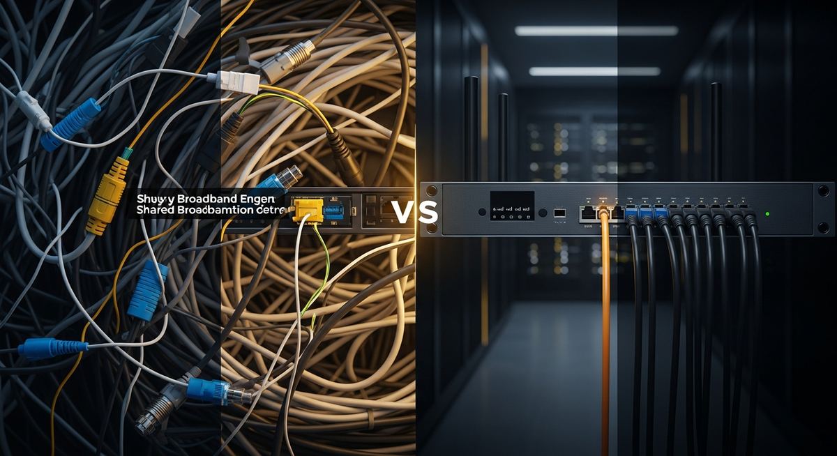 Fiber optic cable installation in a commercial building showing dedicated circuit termination in a structured cabling environment