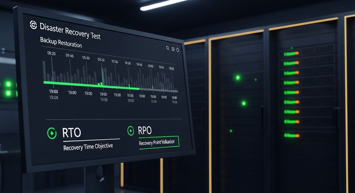 IT team running a disaster recovery test with successful backup restoration to standby environment, verification checklist, and recovery time tracking against documented RTO