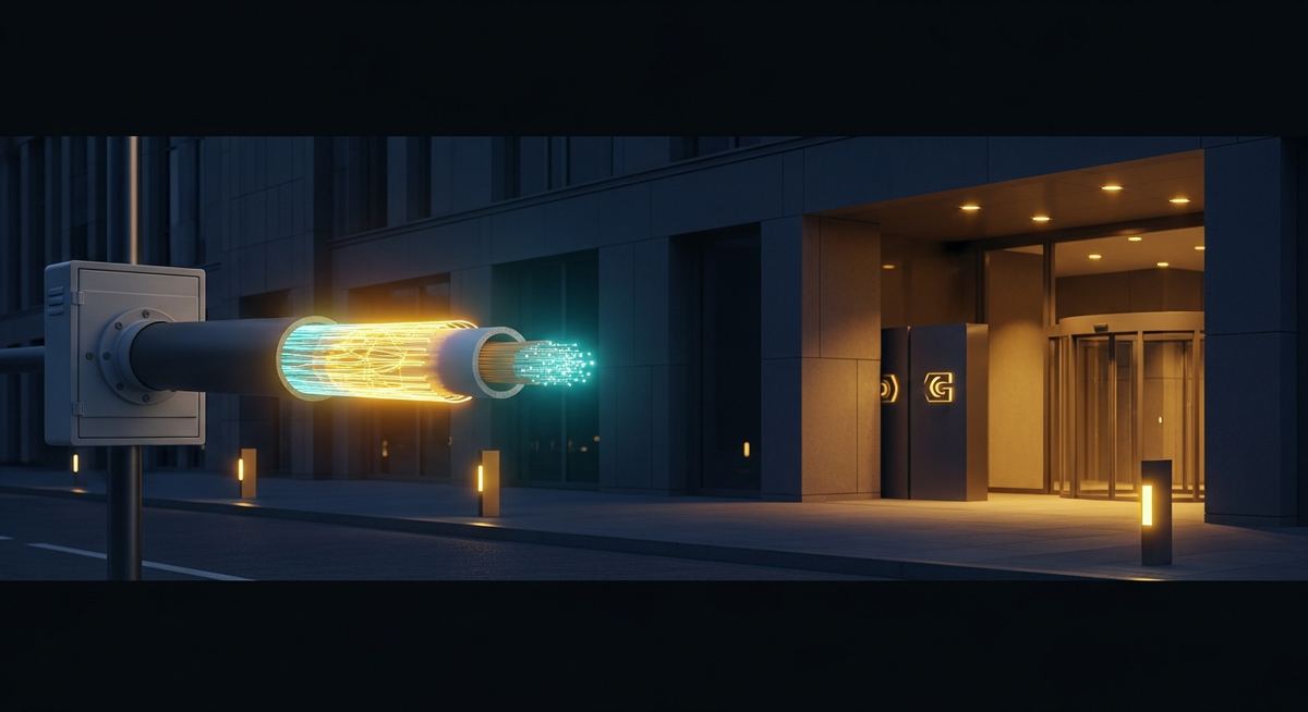 Business location with newly installed fiber-optic internet connection providing symmetric high-speed connectivity for cloud applications, video collaboration, and growth workloads