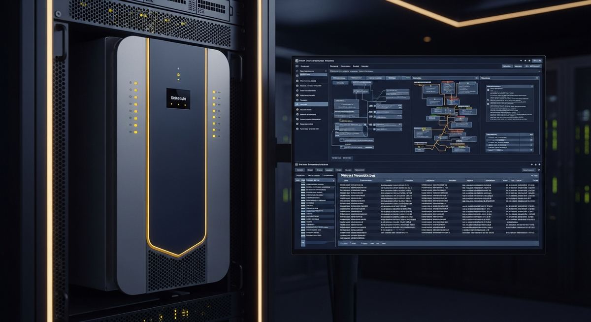 Firewall administrator reviewing rule audit, firmware patch status, threat signature updates, and logging configuration for business network security perimeter device