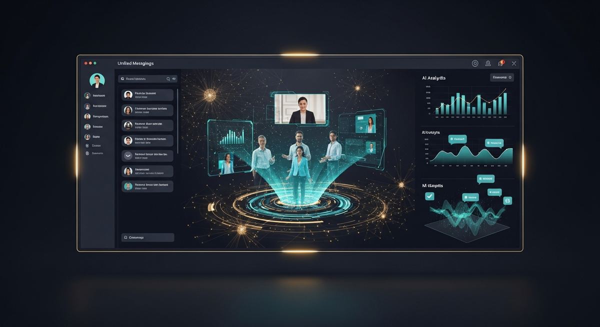 Futuristic business communications scene showing AI-assisted video meeting with real-time translation, transcription, and integrated workflow context across multiple devices