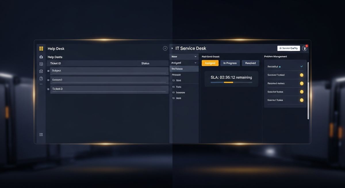 Side-by-side comparison of help desk handling reactive incidents versus service desk providing broader IT service management including service requests, change coordination, and knowledge management