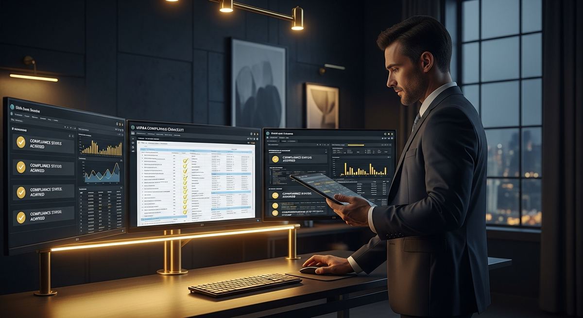 Healthcare IT administrator reviewing HIPAA Security Rule compliance checklist covering administrative, physical, and technical safeguards for protected health information