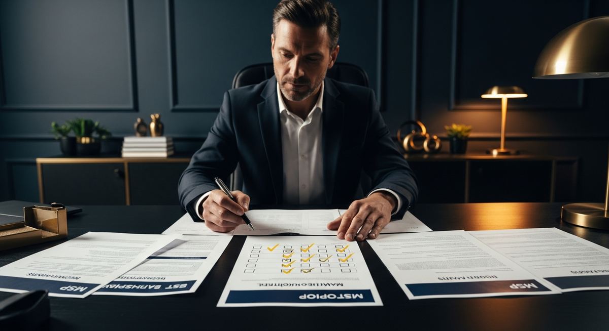 Business owner conducting structured interview with MSP candidate using evaluation scorecard covering response times, references, team tenure, and contract transparency