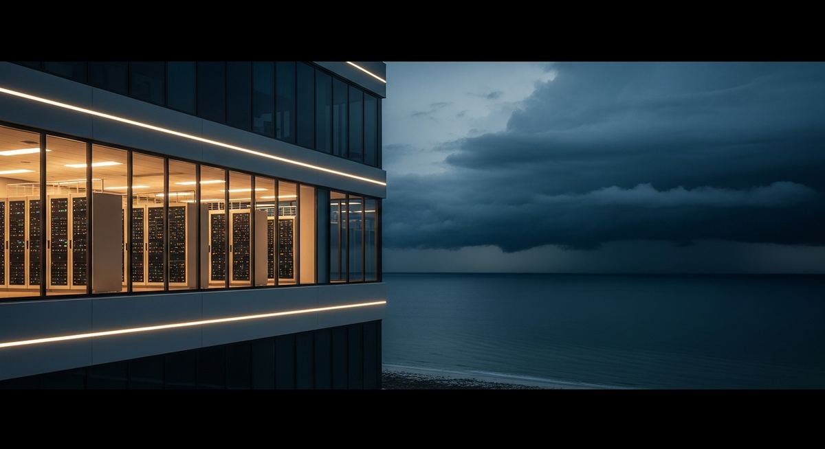 coastline with storm clouds on the horizon and a business district in the foreground