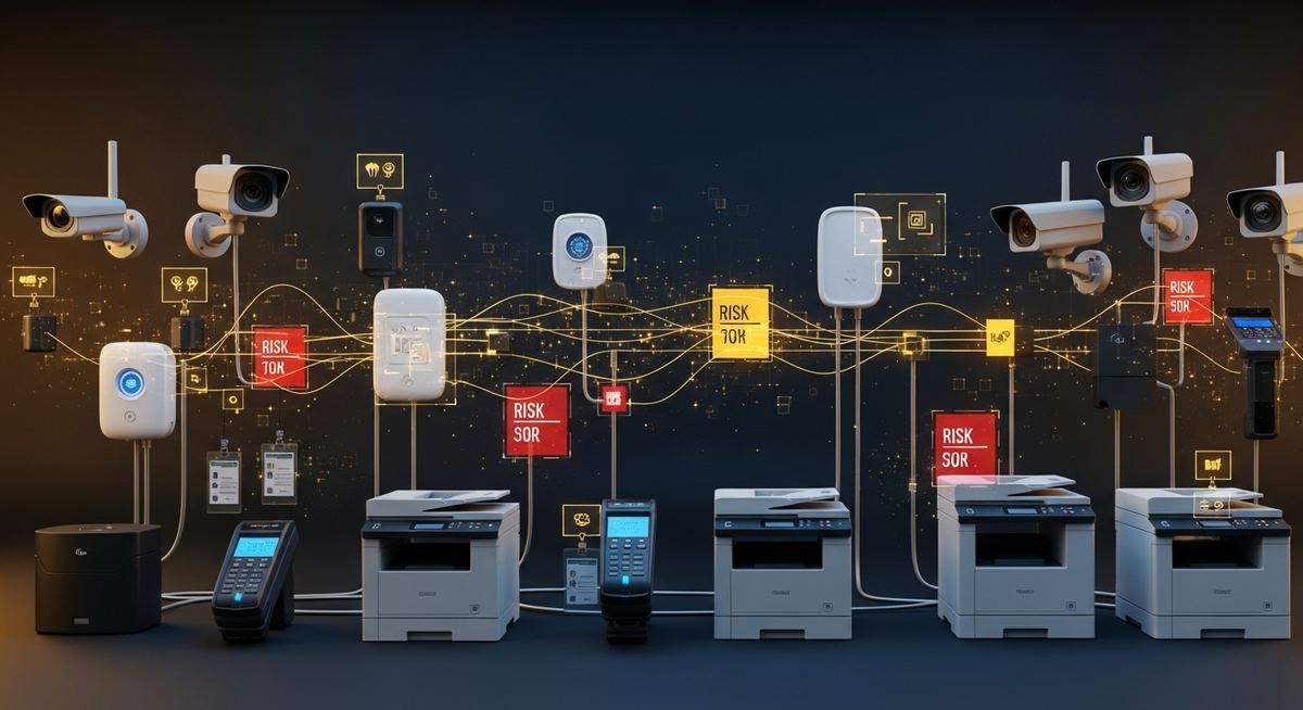 IoT security architecture showing isolated network segment for IP cameras, badge readers, smart building systems, and printers with traffic monitoring and outbound restrictions