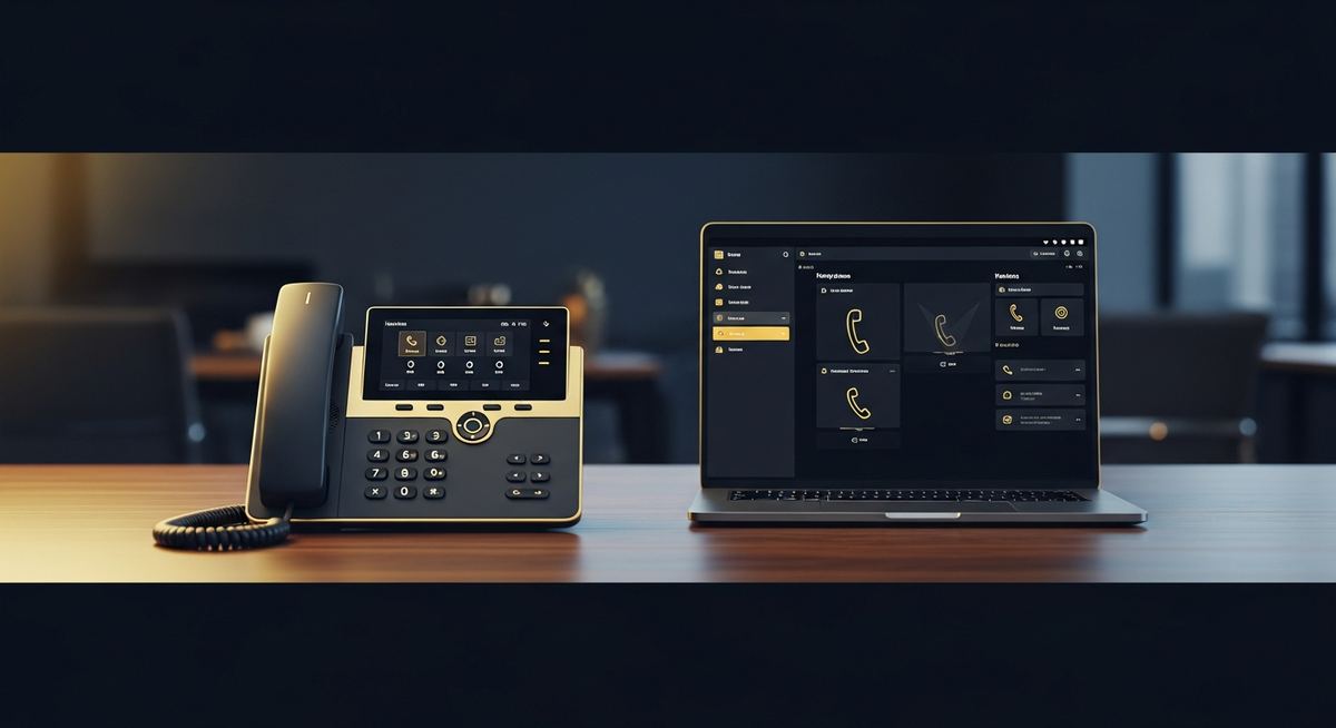 Workspace showing both an IP desk phone and a softphone application on a laptop, illustrating the choice between hardware and software-based business phone endpoints