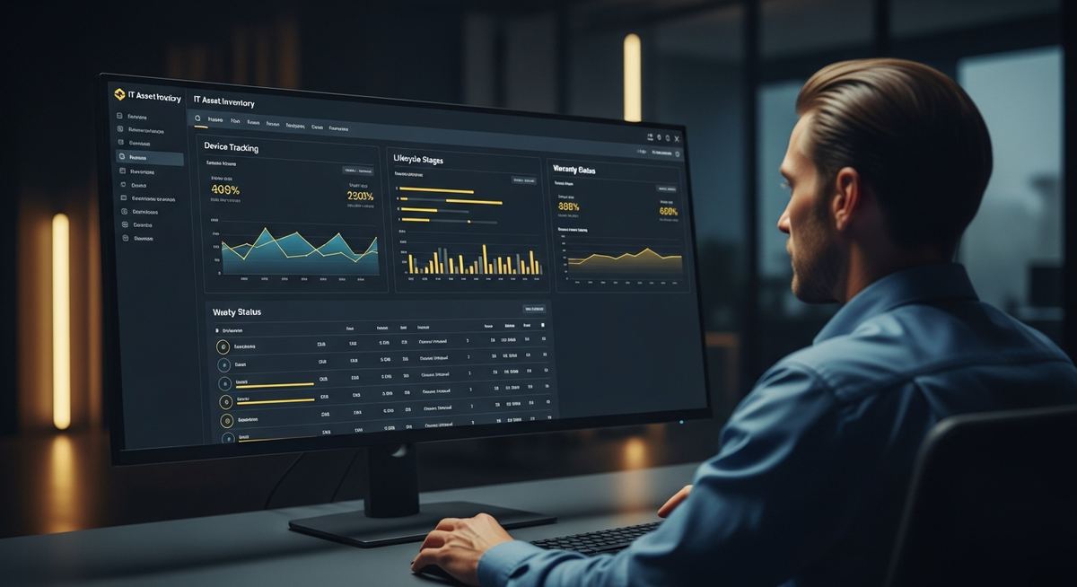 IT asset management spreadsheet and inventory dashboard tracking hardware, software licenses, SaaS subscriptions, and cloud resources for a small business