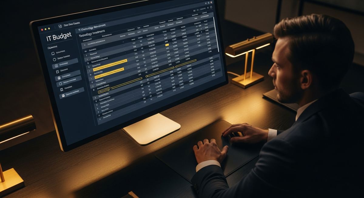Small business owner reviewing annual IT budget spreadsheet with categories for managed services, connectivity, software, security, hardware, and project spend