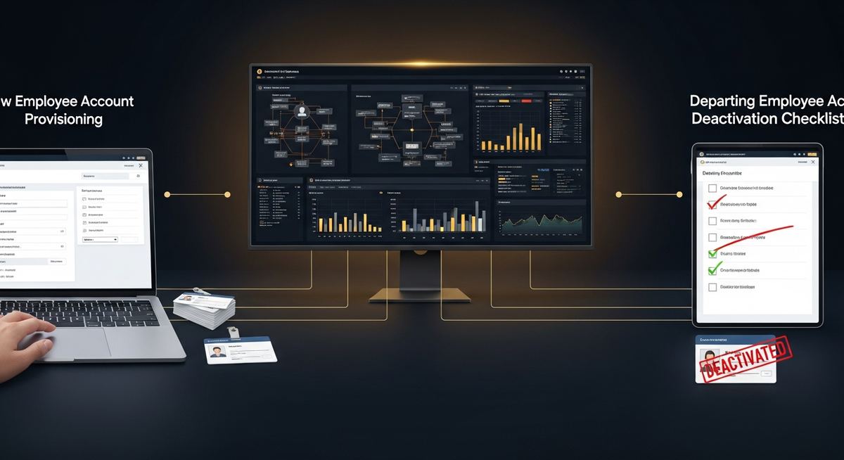 IT manager executing structured onboarding and offboarding checklist covering account provisioning, access reviews, equipment deployment, and credential revocation for security compliance