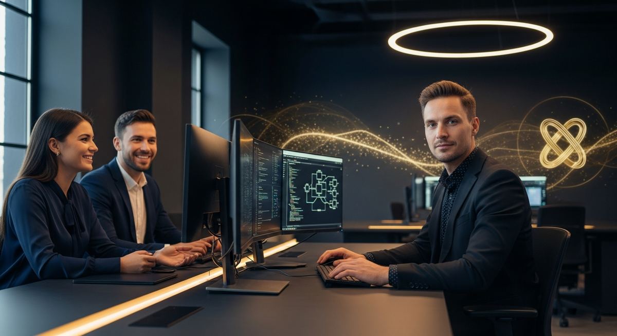 Internal IT team collaborating with augmented contract engineers on project work, with shared kanban board showing combined capacity for cloud migration project