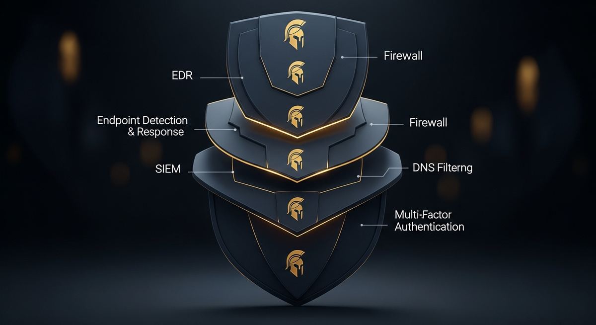 Diagram of the Leonidas layered cybersecurity stack showing identity, endpoint, network, data, and monitoring controls organized in defensive layers around critical business systems
