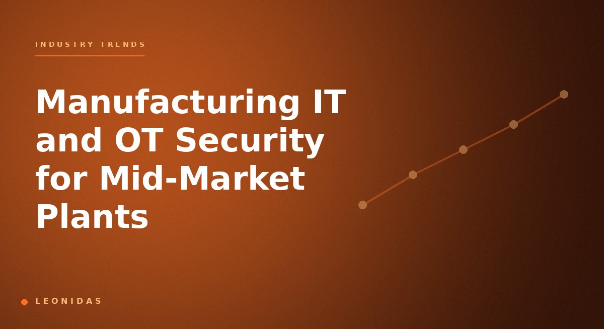 Manufacturing plant operations technology security architecture showing segmented OT network with PLCs, SCADA, HMI, and air-gapped controls connected to corporate IT through monitored gateway