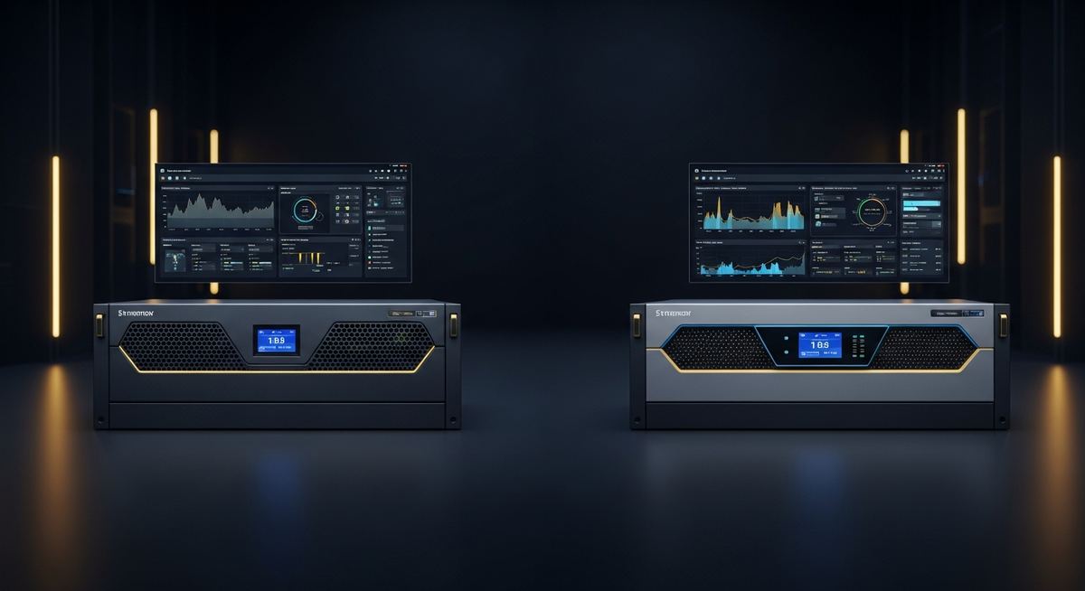 Side-by-side comparison of Cisco Meraki cloud-managed firewall dashboard and Fortinet FortiGate management interface showing different operational models for business network security