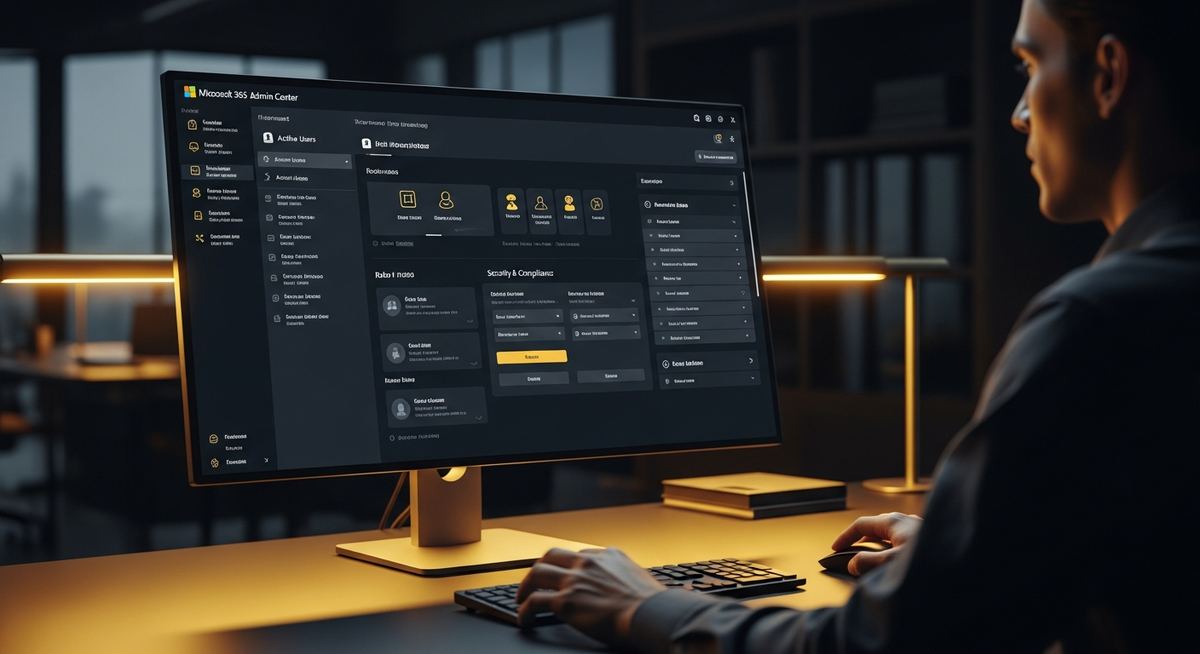 IT administrator working in Microsoft 365 admin center managing Entra ID conditional access, Defender for Office configuration, SharePoint governance, and Teams policies