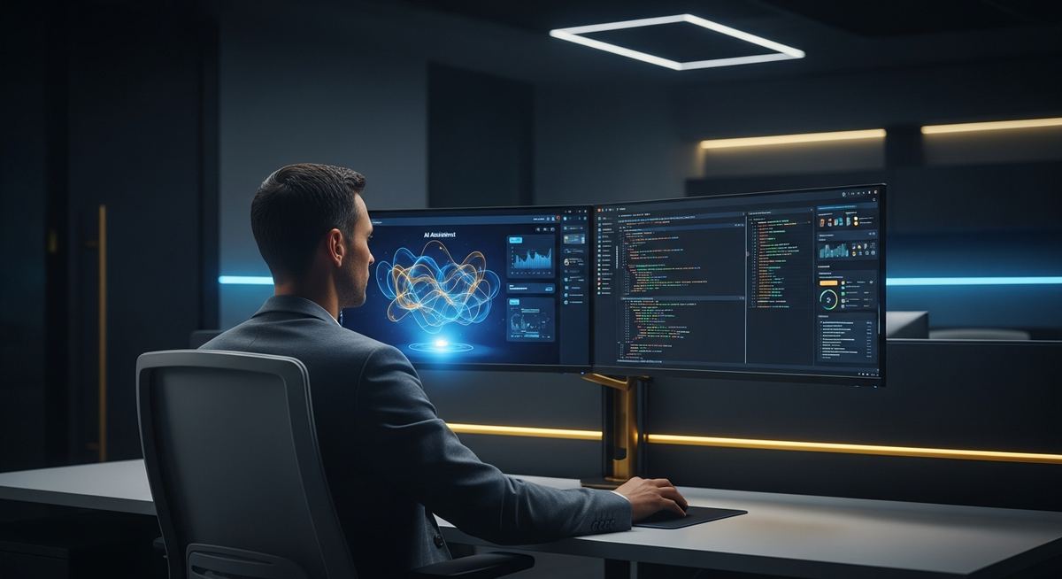 Professional using Microsoft Copilot AI assistant on a laptop in a modern office environment