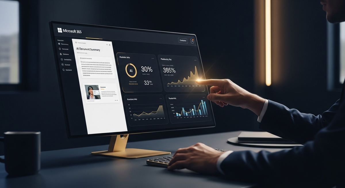 Business user working with Microsoft Copilot in Outlook and Word, with AI-generated email drafts and document summaries appearing alongside the original content