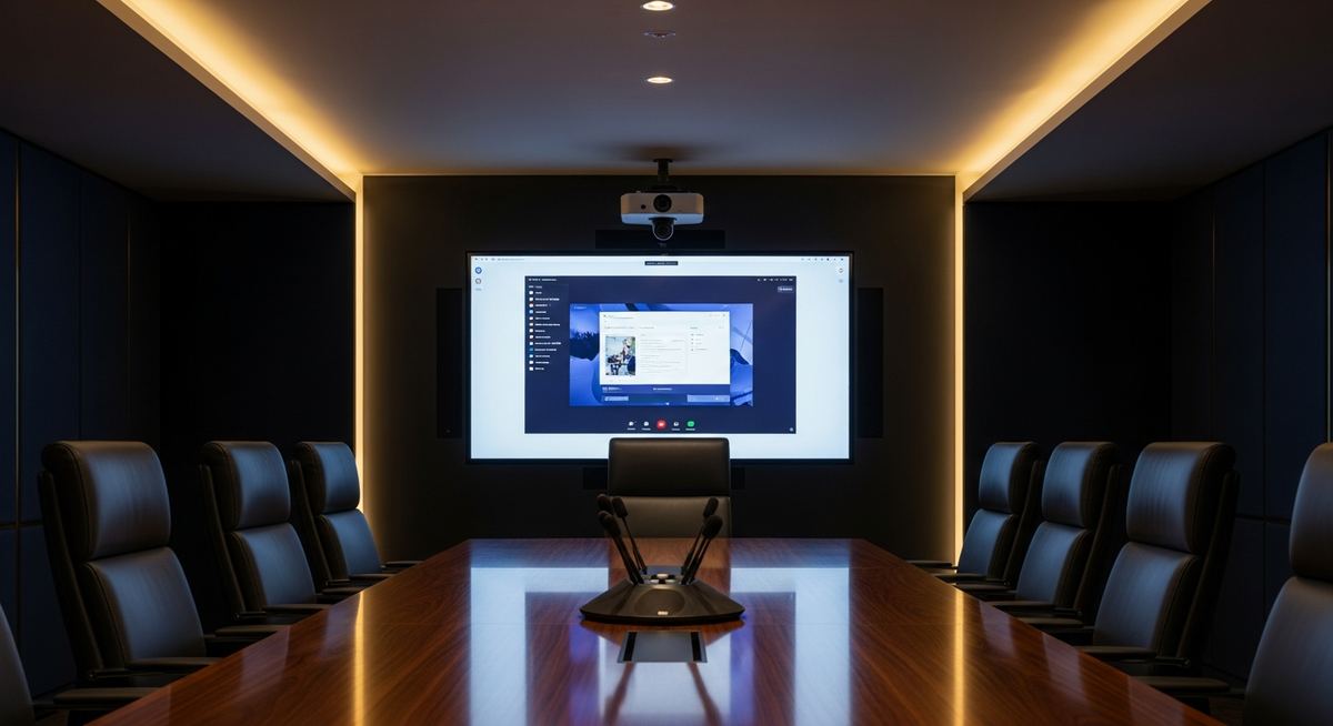 Modern professional conference room with Teams Rooms system showing dual displays, ceiling microphone array, and camera, clean dark interior with ambient lighting