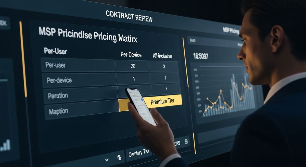 MSP pricing model comparison chart showing per-user, per-device, all-inclusive, and hybrid structures with cost predictability and coverage scope trade-offs