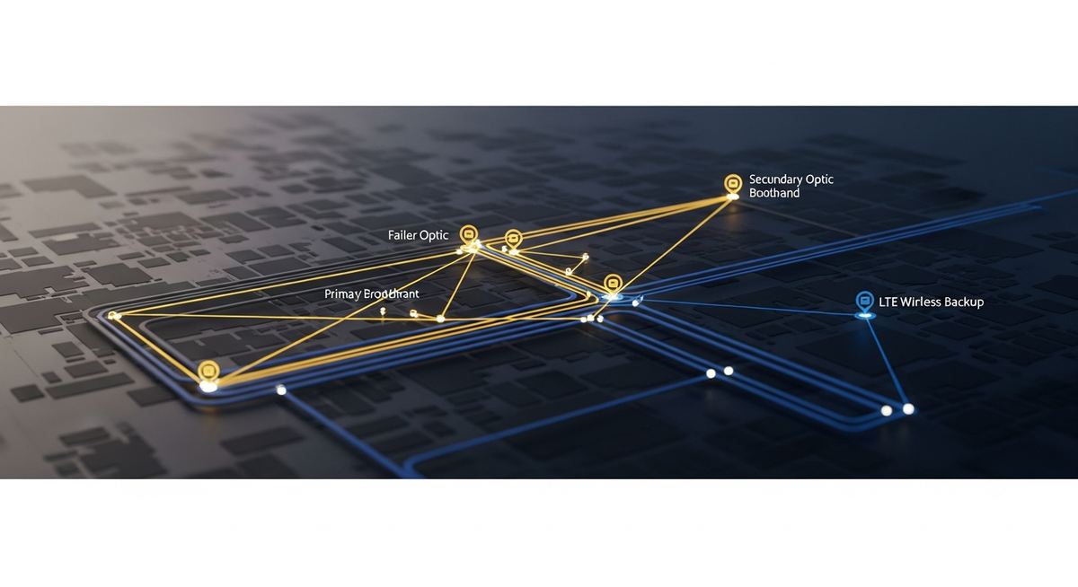 Network operations diagram showing two ISP carriers connecting to an SD-WAN edge device with automatic failover and traffic policy steering between primary fiber and secondary cellular links