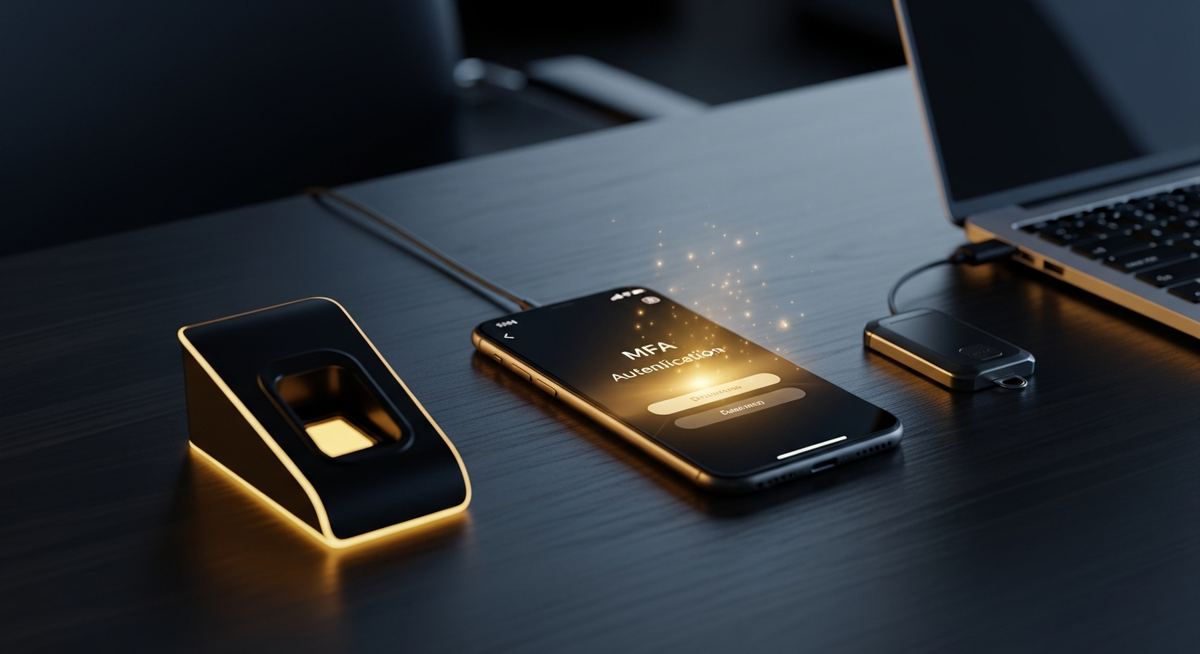 Modern multi-factor authentication options showing phishing-resistant security keys, platform authenticators with biometrics, push-based authenticator apps, and legacy SMS comparison