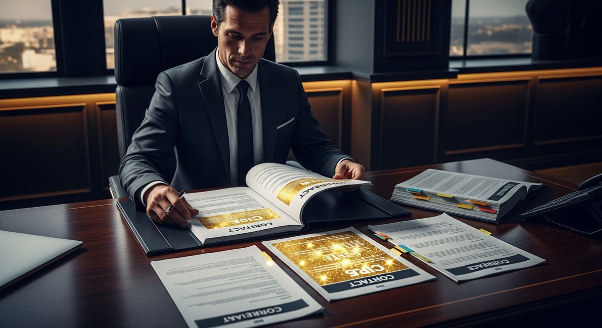 Business owner reviewing ISP contract terms at an executive desk