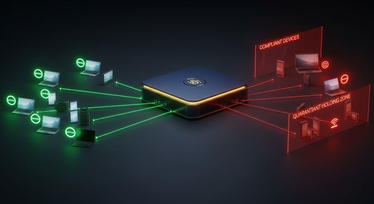 Network access control dashboard showing device authentication, posture validation, and dynamic policy enforcement for managed laptops, IoT devices, contractor devices, and BYOD