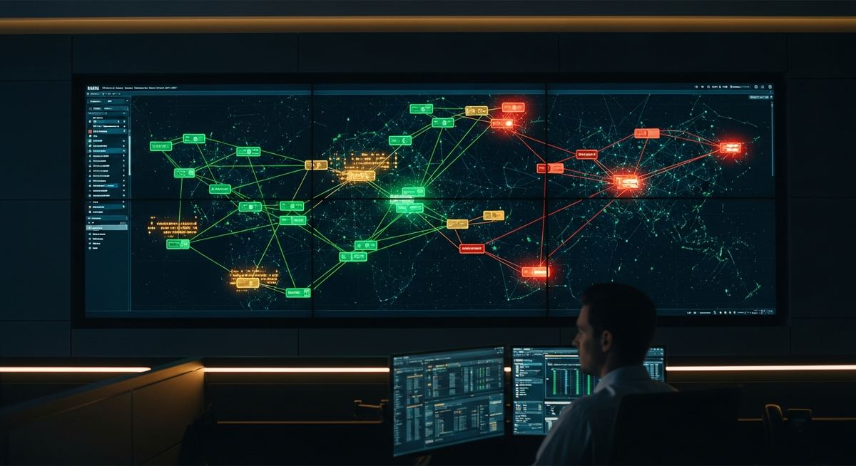 Network operations center monitoring dashboard showing real-time circuit status, device health, wireless performance, and security event correlation across business network infrastructure
