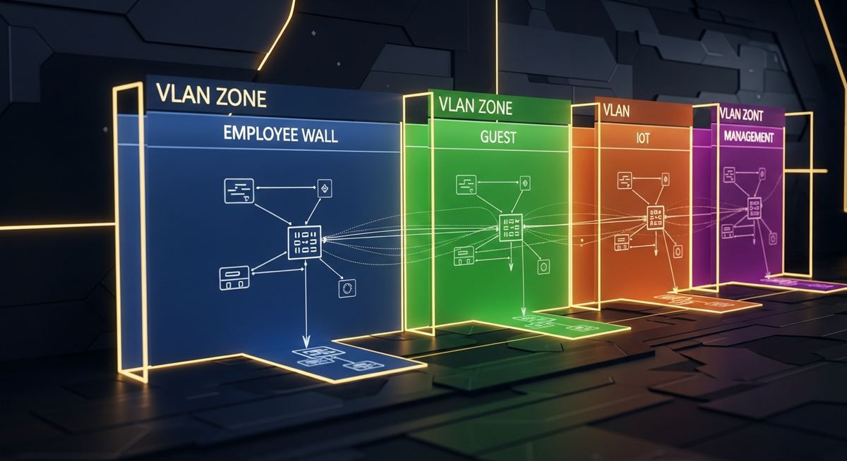 Network segmentation architecture diagram showing separated zones for users, servers, IoT, guest, and management traffic with firewall rules controlling inter-zone communication