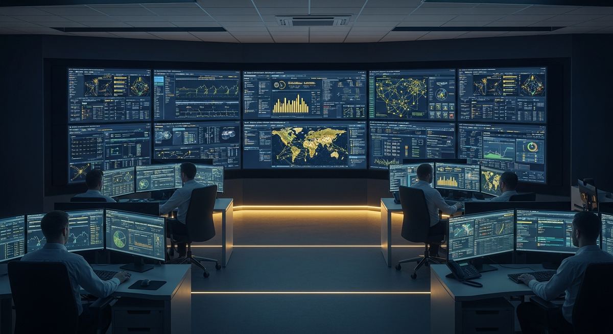 Network operations center with engineers monitoring multiple business network environments on dashboards showing real-time alerts, incident response, and performance metrics