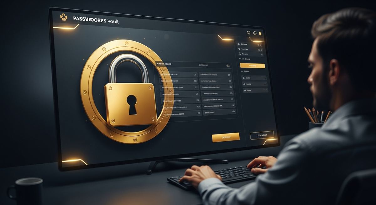 Business password manager interface showing centralized credential vault, secure sharing, browser autofill, and IT admin controls for organization-wide password management