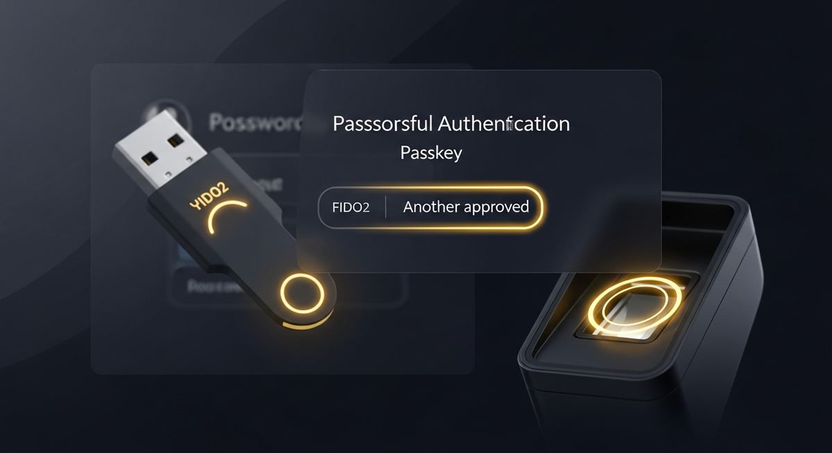 Employee signing into a business application using a FIDO2 security key and biometric authentication, with passwordless sign-in flow shown on screen